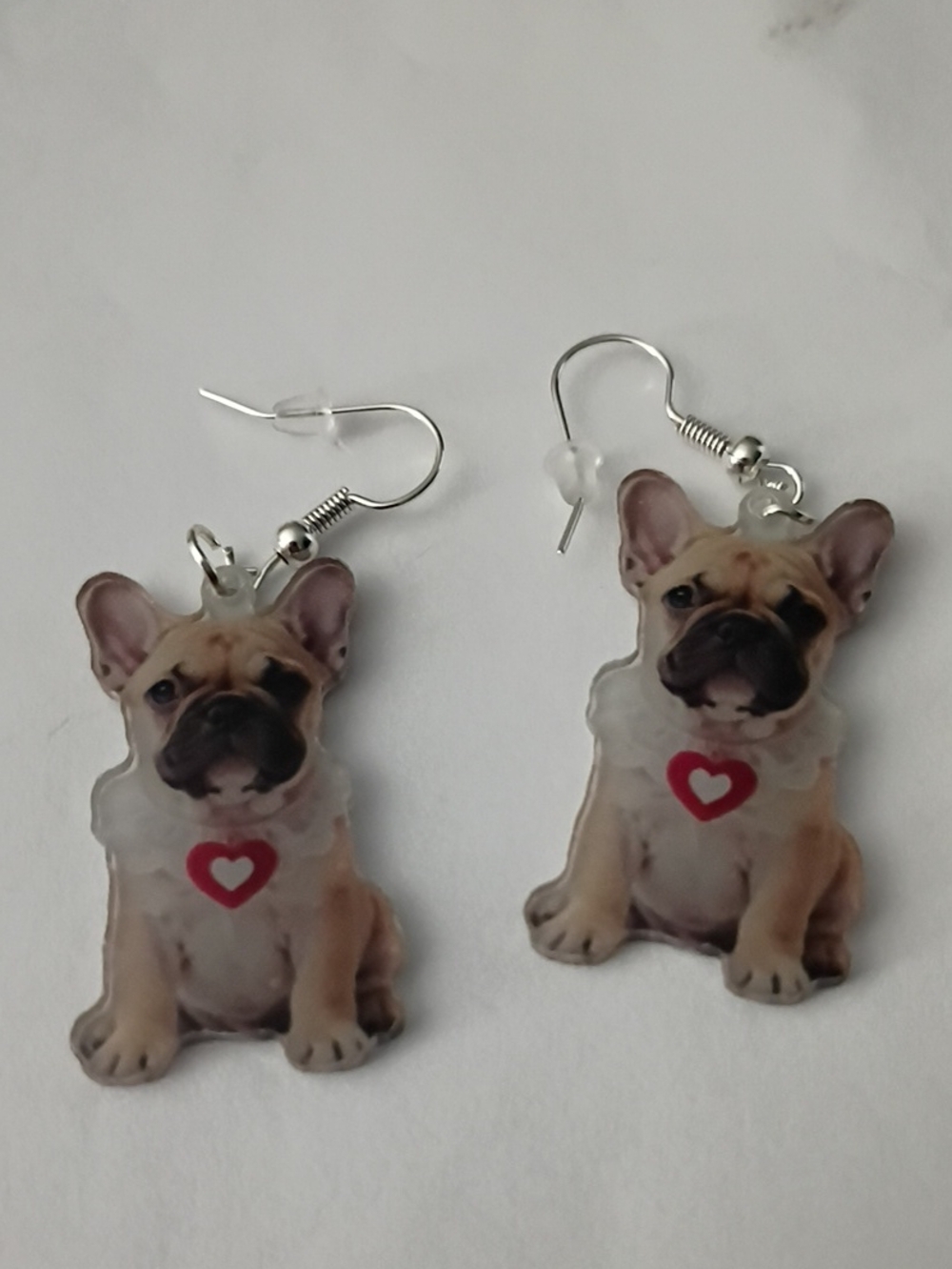 French Bulldog Dangle Earrings in Beige with Red Heart Accent